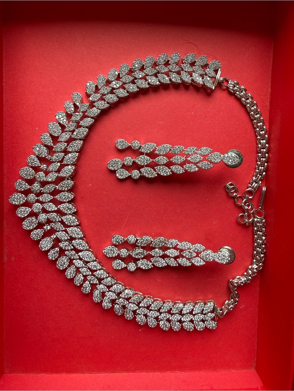 Silver Leaf Crystal Necklace and Earrings Set